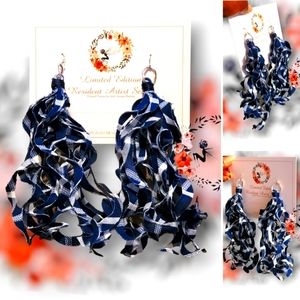 🆕️MBM "Flannel Days" Dark Blue & White Plaid Swirl Tassel Earrings 5.5in